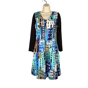 Simply Art Dolcezza Abstract Cityscape Print V-Neck Long Sleeve A-Line Dress S